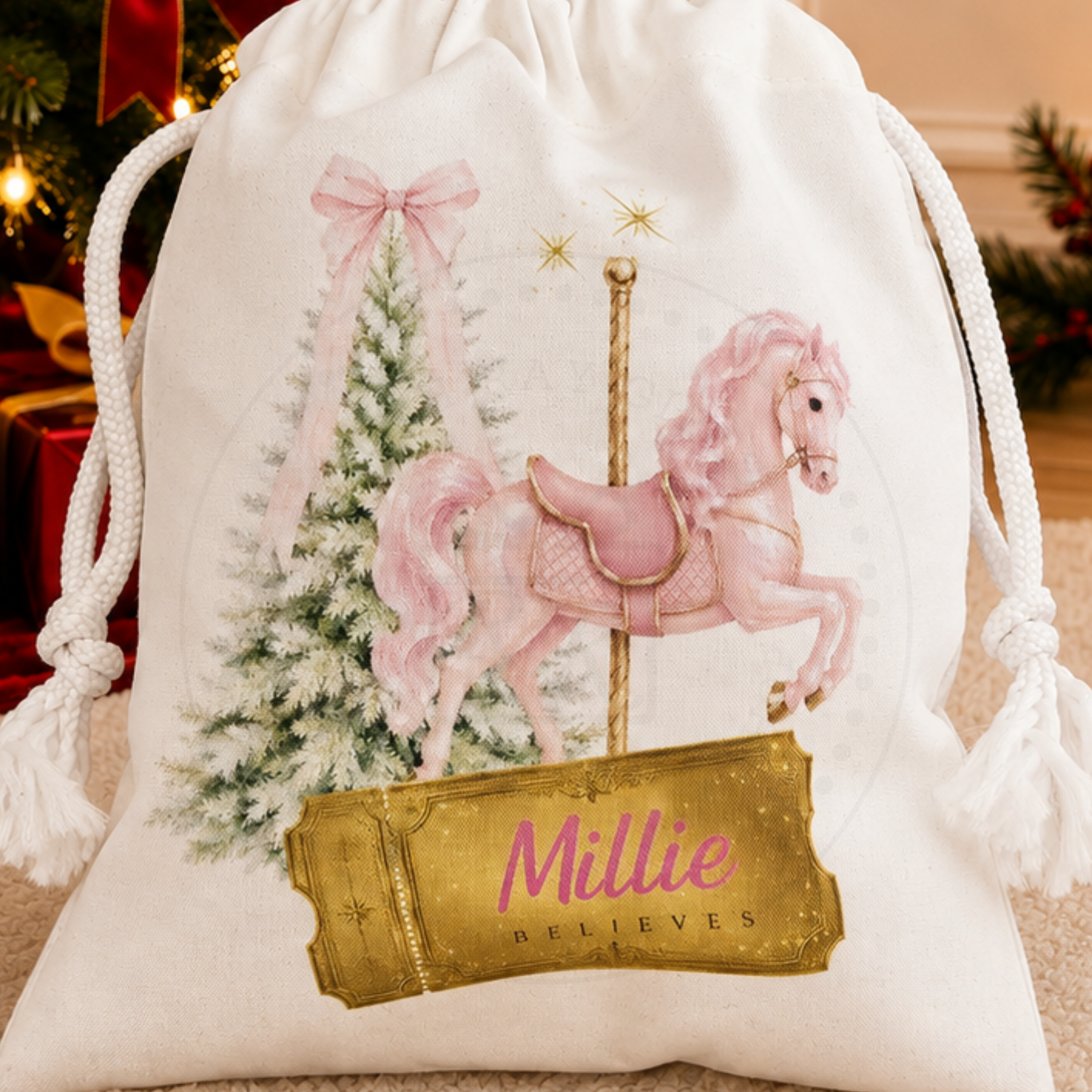 Personalised Pink Pony Christmas Carousel Horse Treat Bag | Christmas Eve Bag