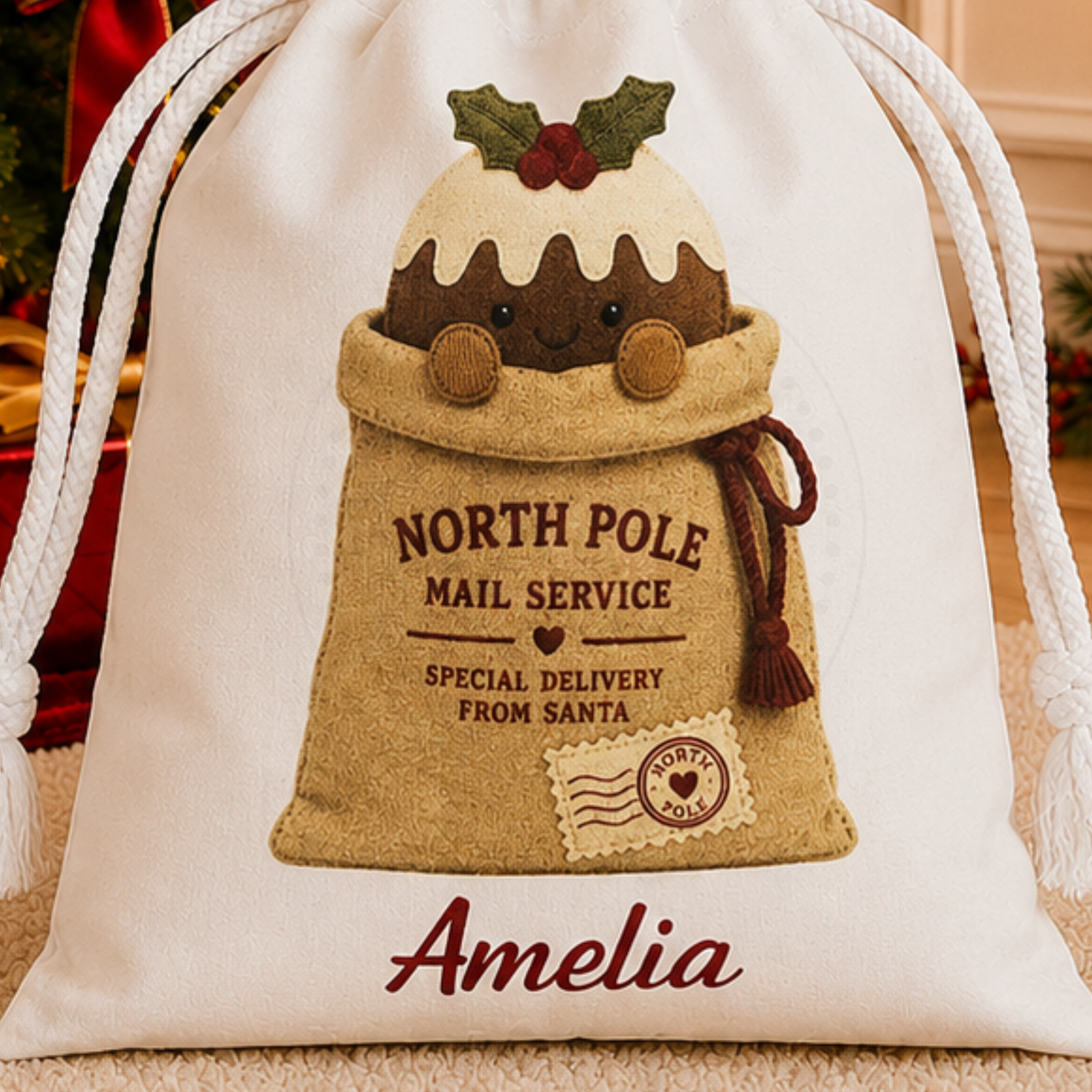 Personalised Christmas Pudding Treat Bag | North Pole Mail | Christmas Eve Bag