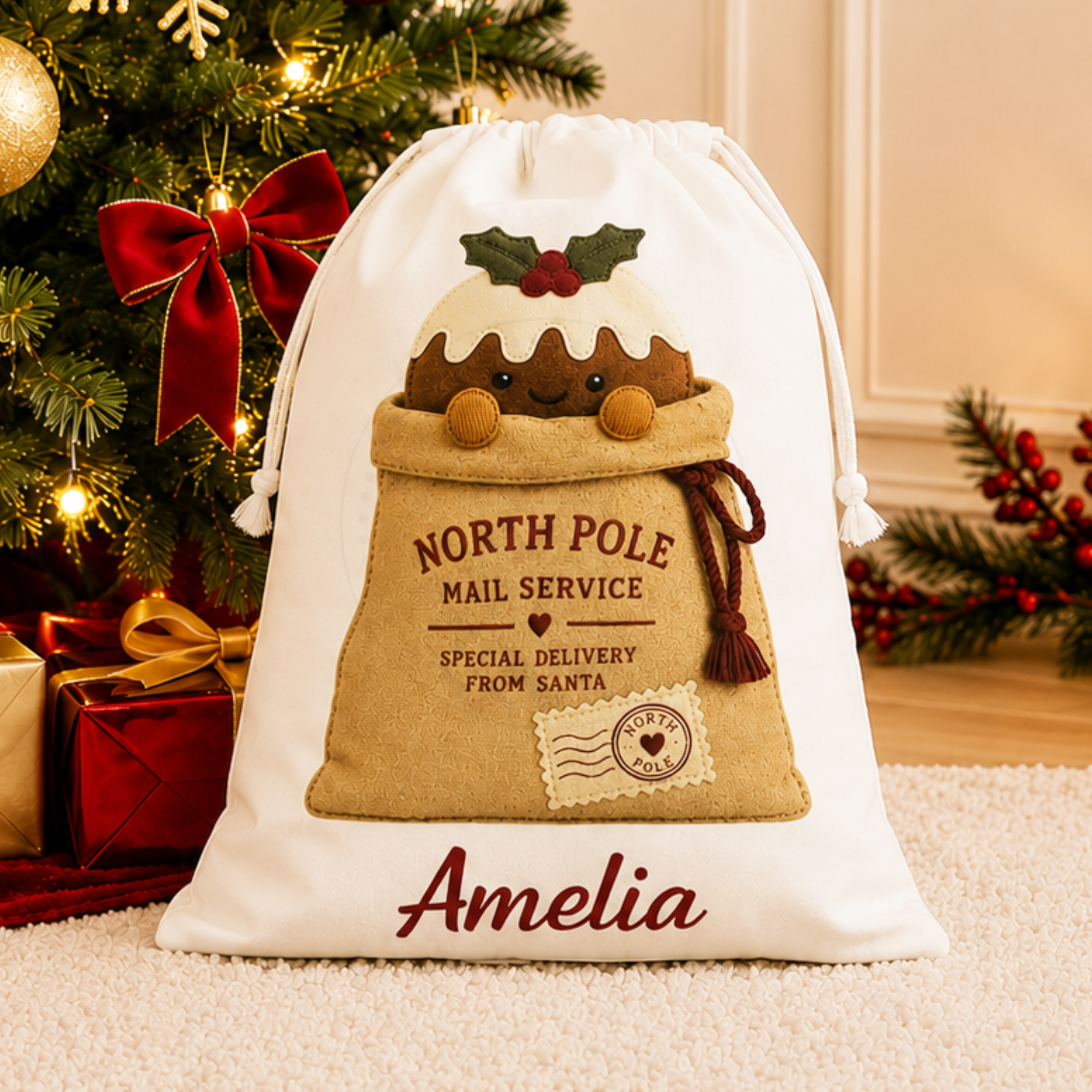 Personalised Christmas Sack – North Pole Mail Sack with Christmas Pudding Design