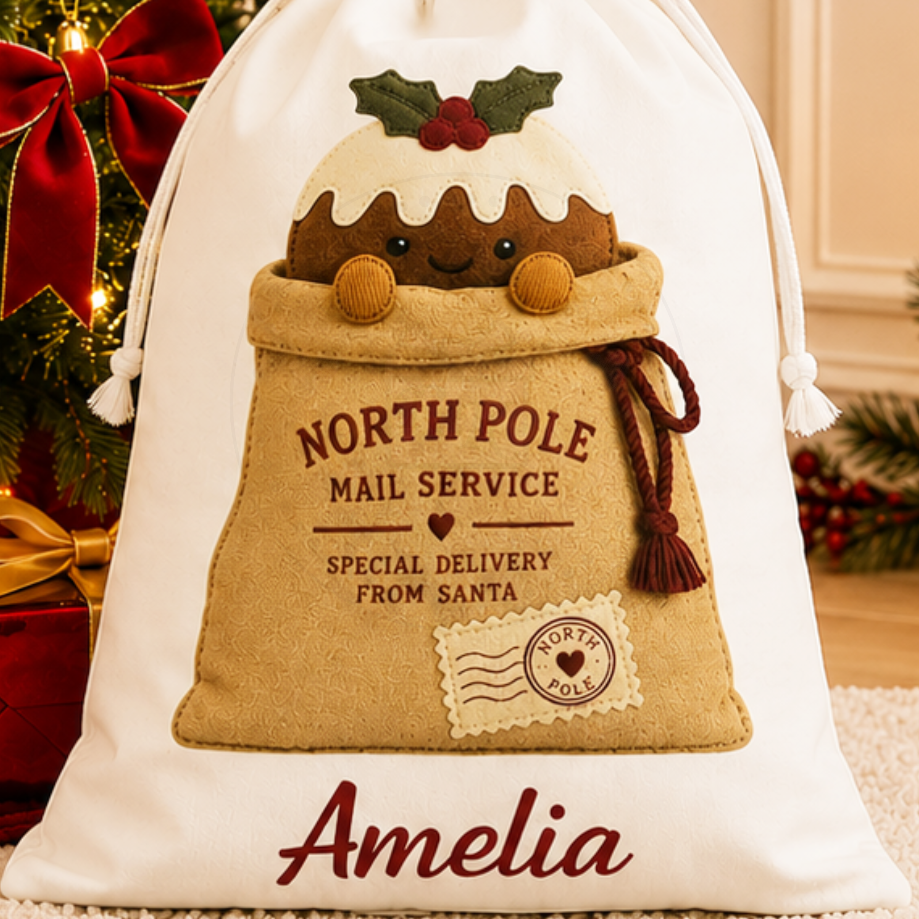 Personalised Christmas Sack – North Pole Mail Sack with Christmas Pudding Design