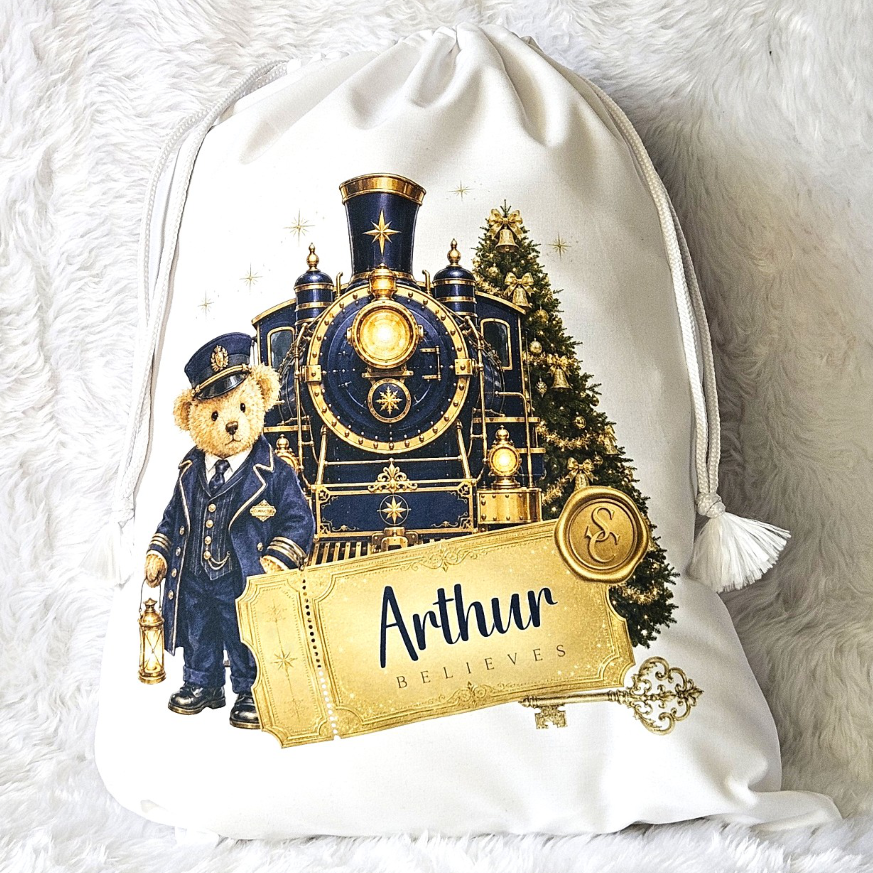 Personalised Christmas Sack | Festive Train Conductor Teddy  | Christmas Eve Bag