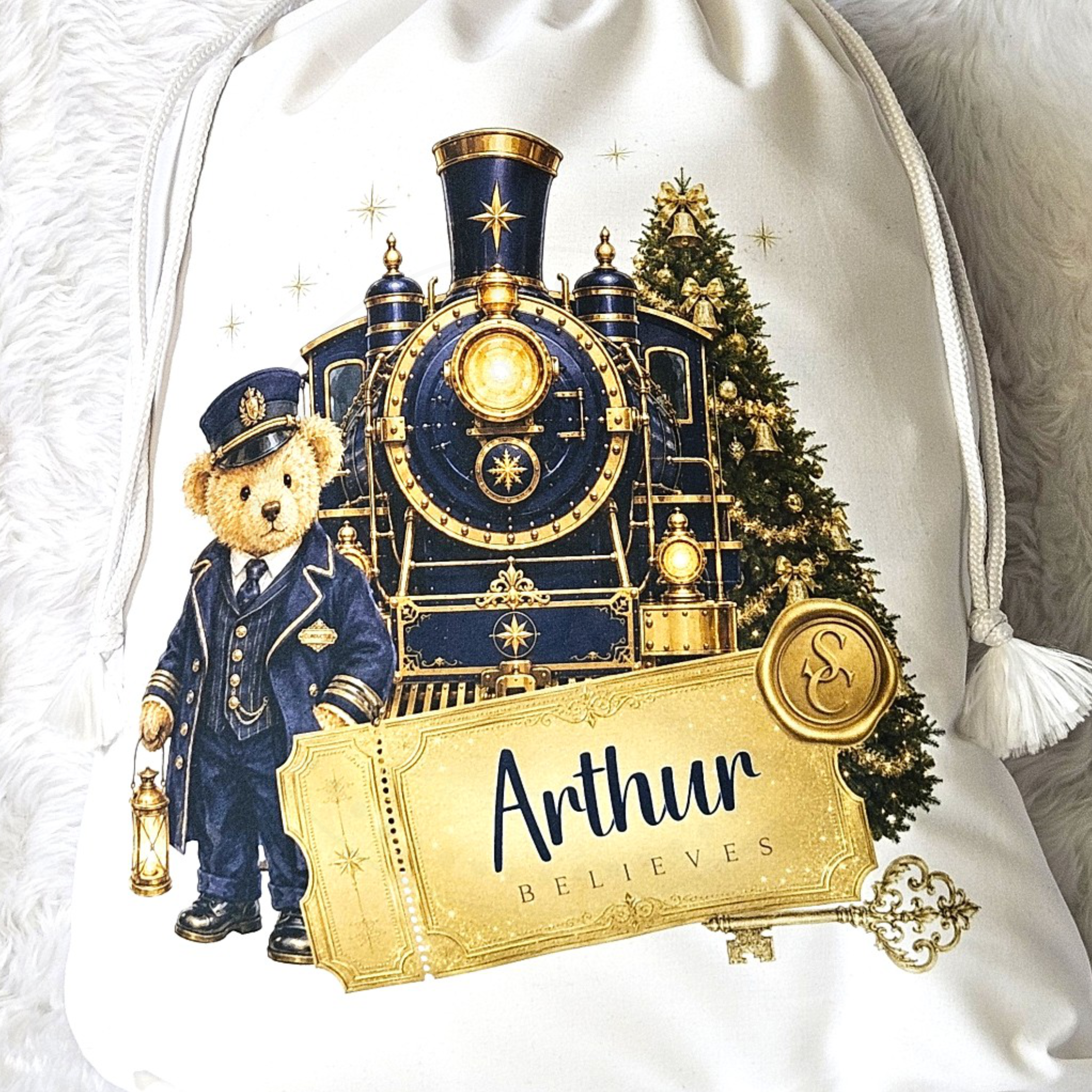 Personalised Christmas Sack | Festive Train Conductor Teddy  | Christmas Eve Bag