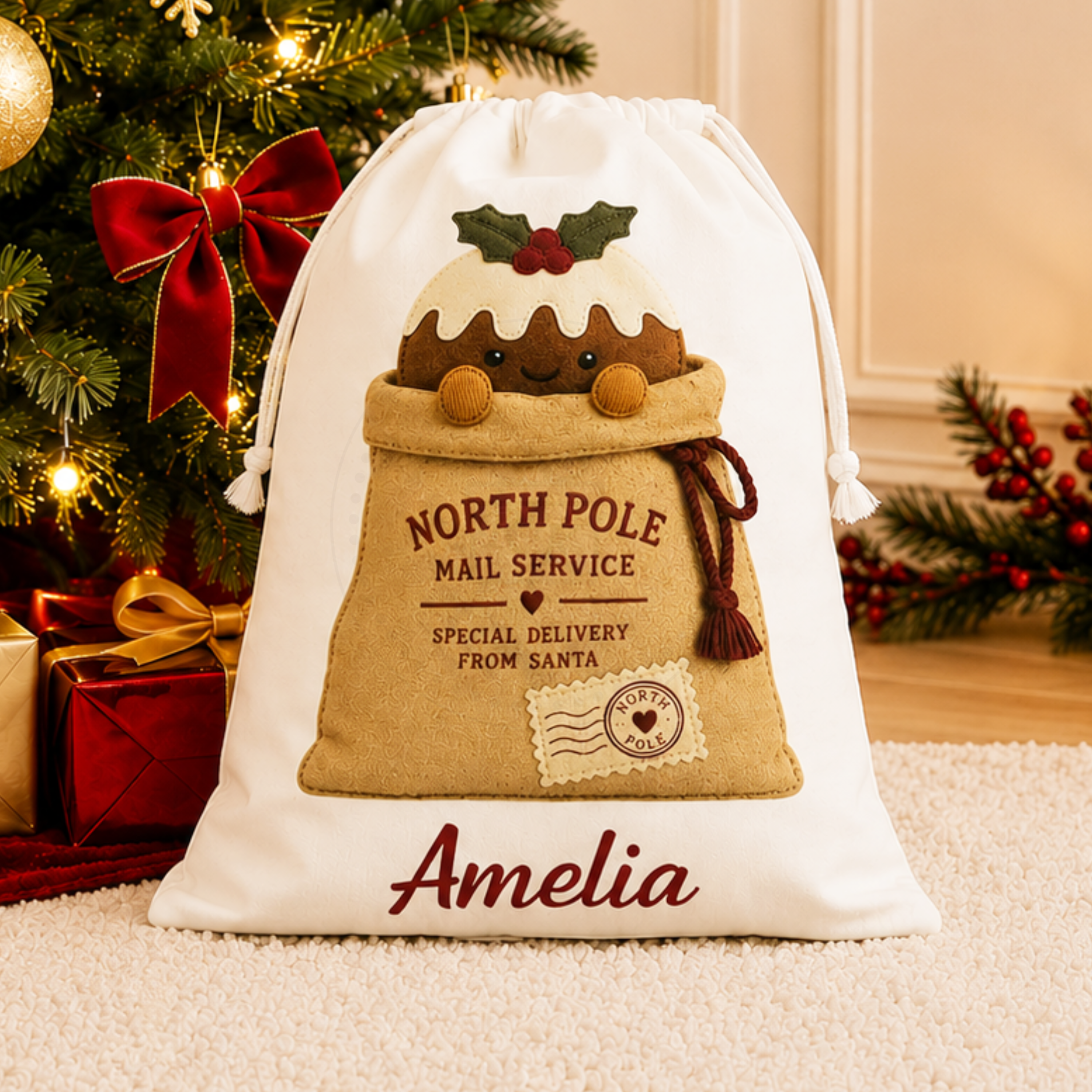 Personalised Christmas Sack – North Pole Mail Sack with Christmas Pudding Design