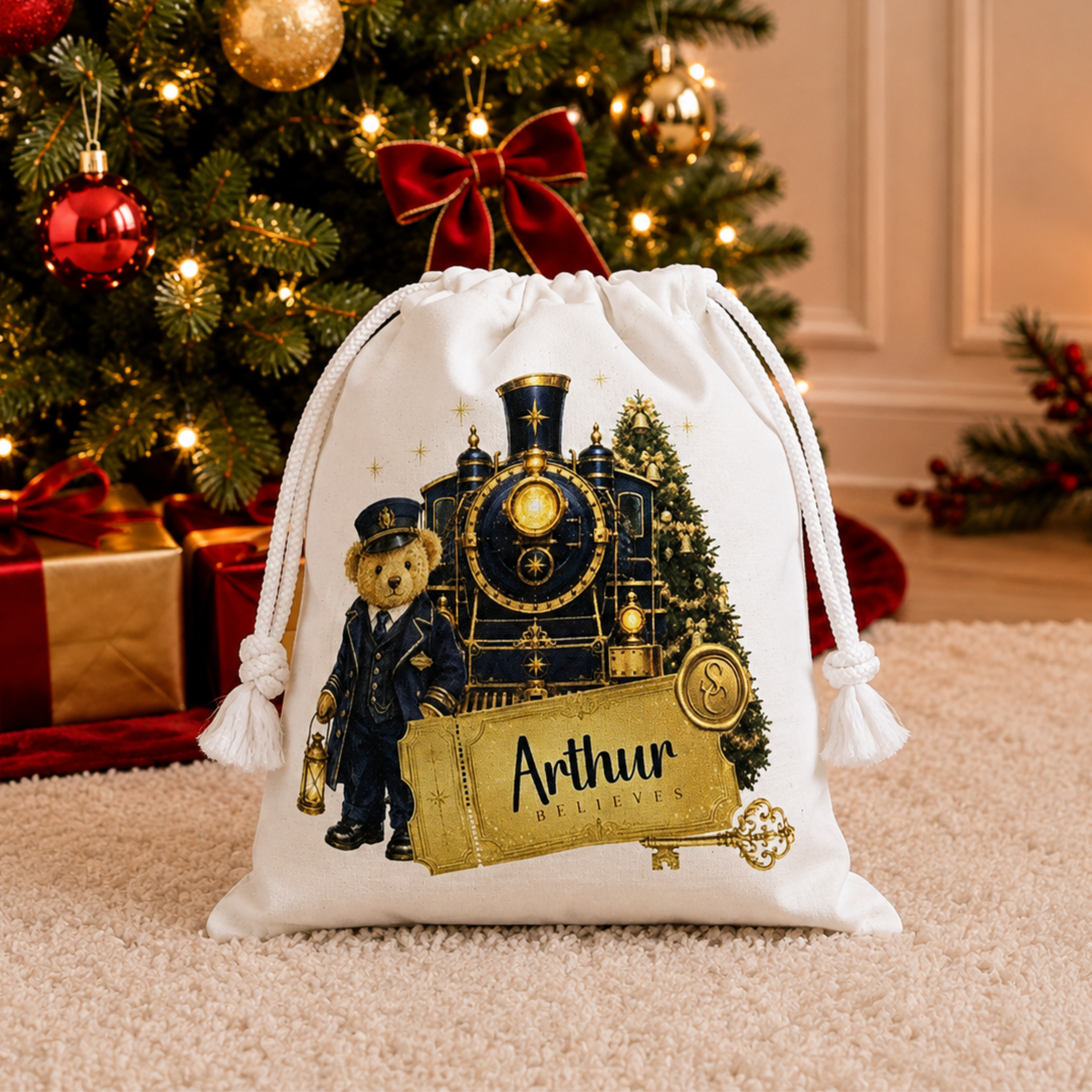 Personalised Christmas Treat Bag | Festive Train Conductor Teddy  | Christmas Eve Bag