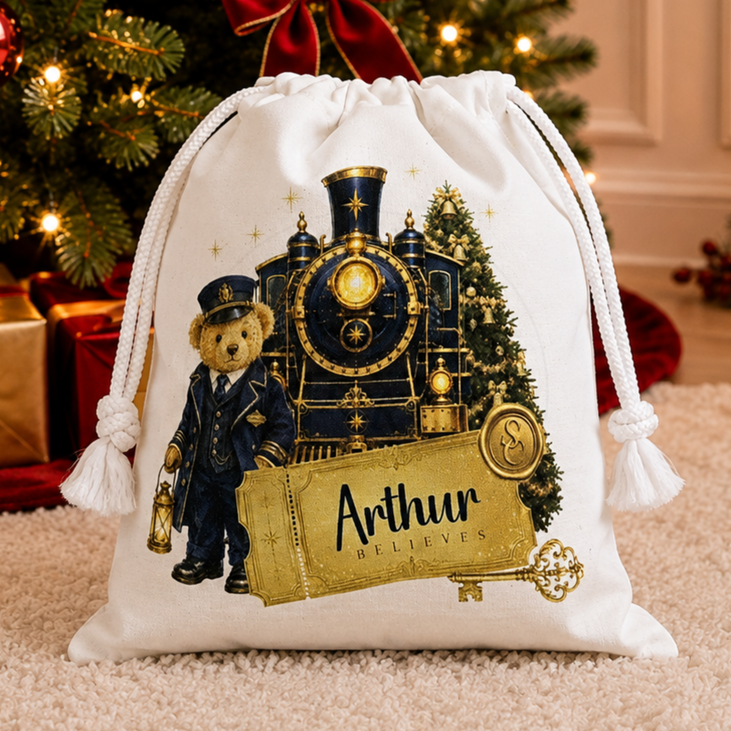 Personalised Christmas Treat Bag | Festive Train Conductor Teddy  | Christmas Eve Bag