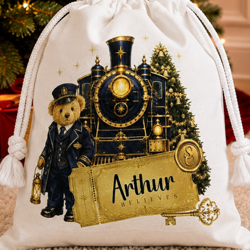 Personalised Christmas Treat Bag | Festive Train Conductor Teddy  | Christmas Eve Bag