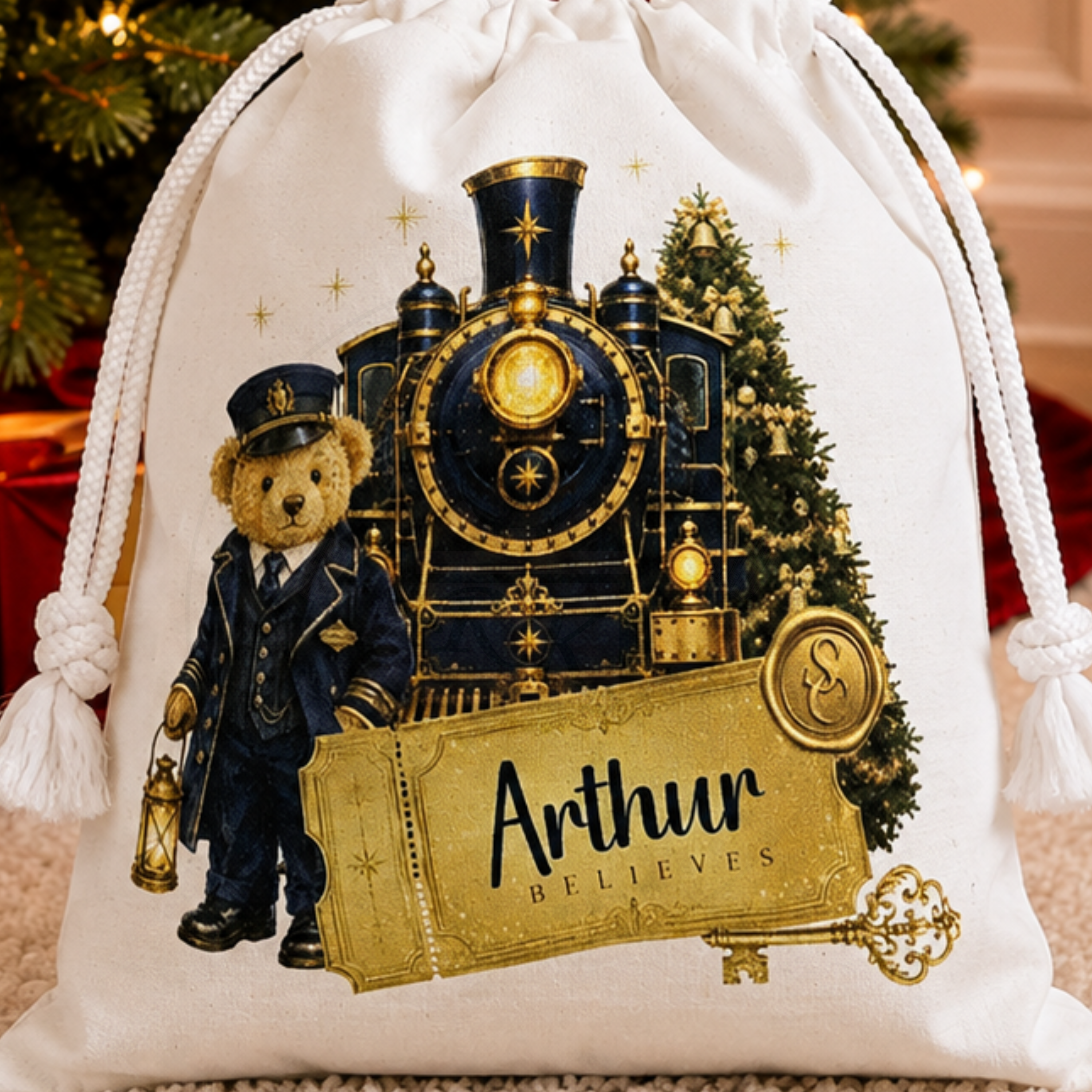 Personalised Christmas Treat Bag | Festive Train Conductor Teddy  | Christmas Eve Bag