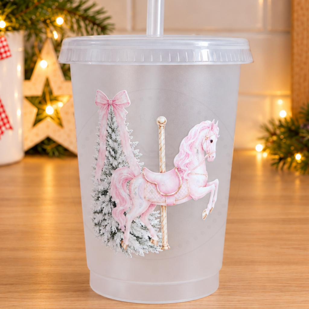 Personalised Pink Christmas Carousel Horse Cup and Straw