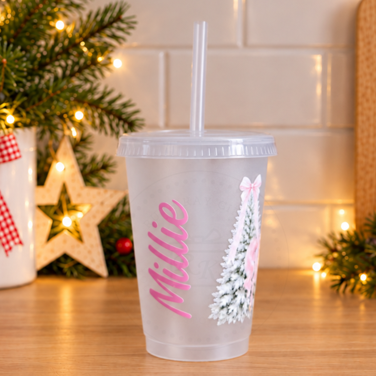 Personalised Pink Christmas Carousel Horse Cup and Straw