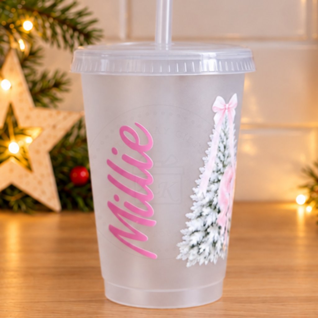 Personalised Pink Christmas Carousel Horse Cup and Straw
