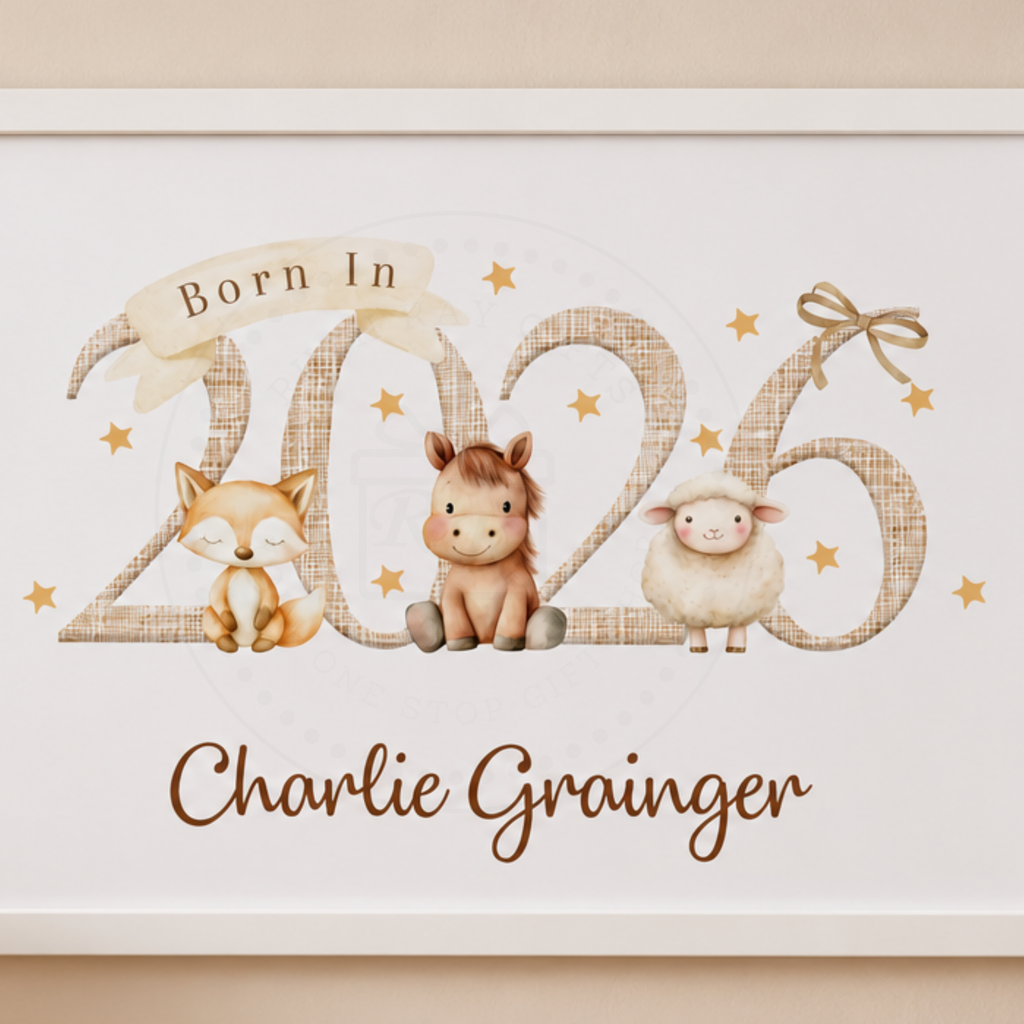 Personalised Born in 2026 Farm Animal A4 Framed Print